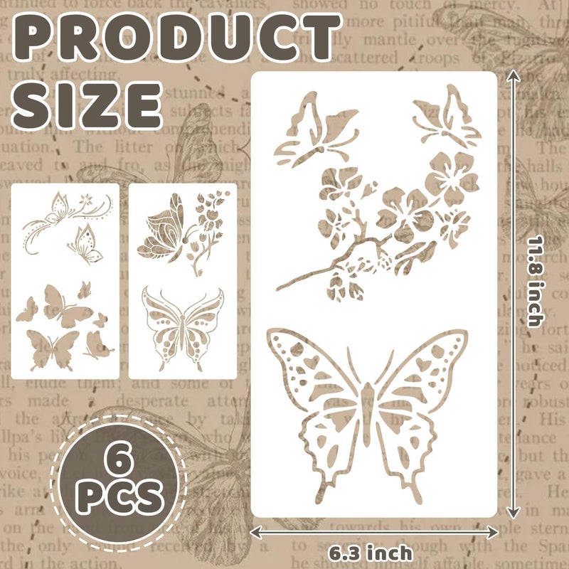 Resflyar 6 PCS Butterfly Stencil Reusable Flying Butterfly Template Plastic Nature Floral Stencils for Painting on Wood Walls Fabric Furniture Floors Home Decor DIY Craft Wood Sign 11.8 x 6.3 Inch - Image 2